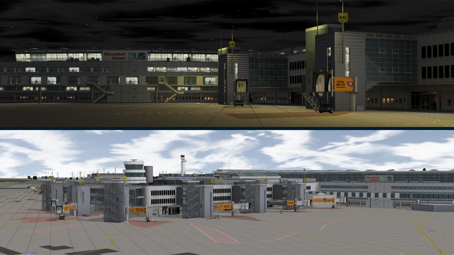 Day and night time at Dusseldorf Airport in the simulated training environment for ARFF and airport workers.