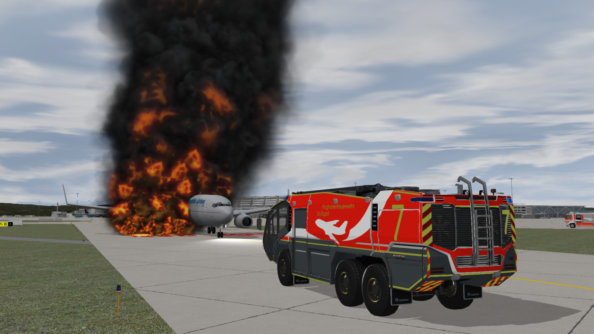Rosenbauer Panther ARFF Truck responding to a massive fuel fire underneath a 737, inside the training system.