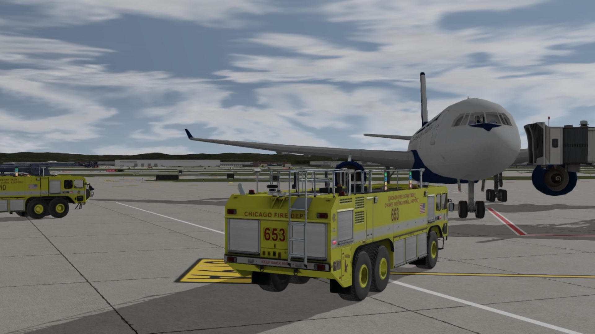 Oshkosh Striker ARFF Truck responding to an emergency at a gate with passengers ready to evacuate.