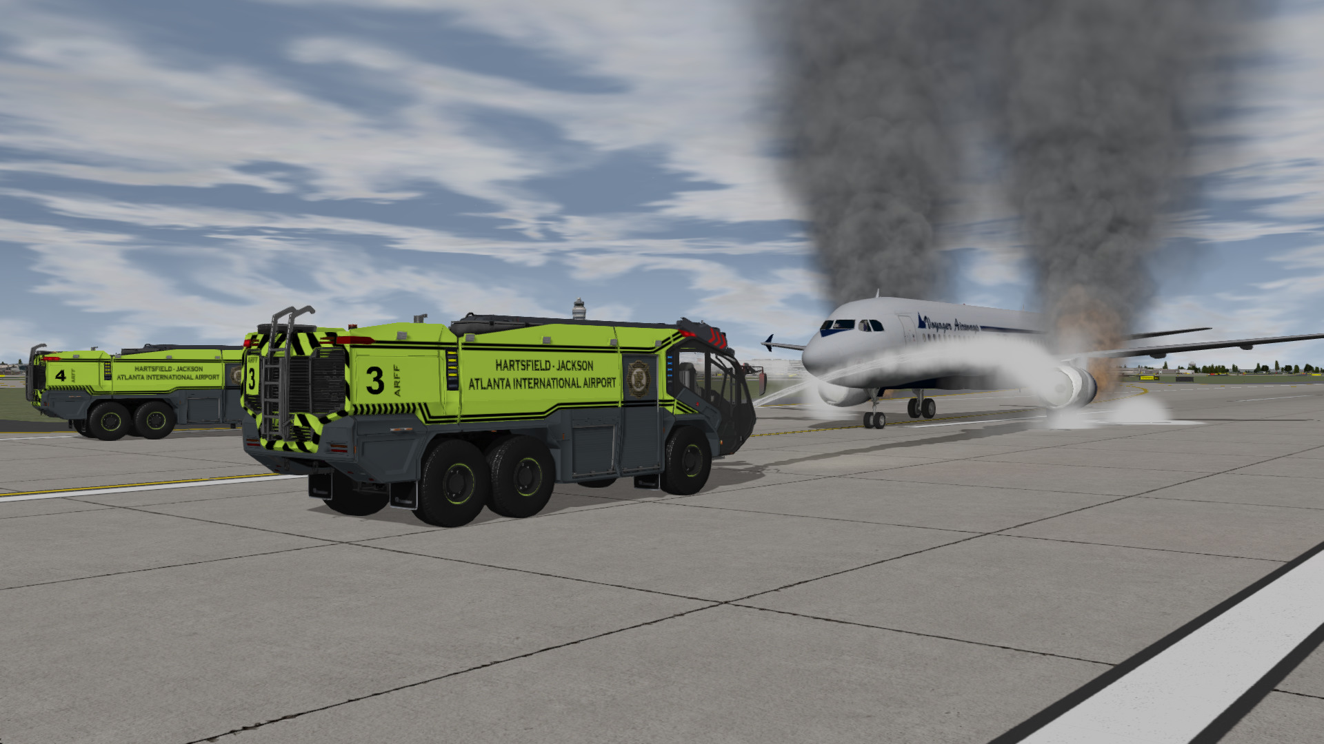 Two Rosenbauer Panther ARFF Trucks responding to a double engine fire on the runway inside our training system.