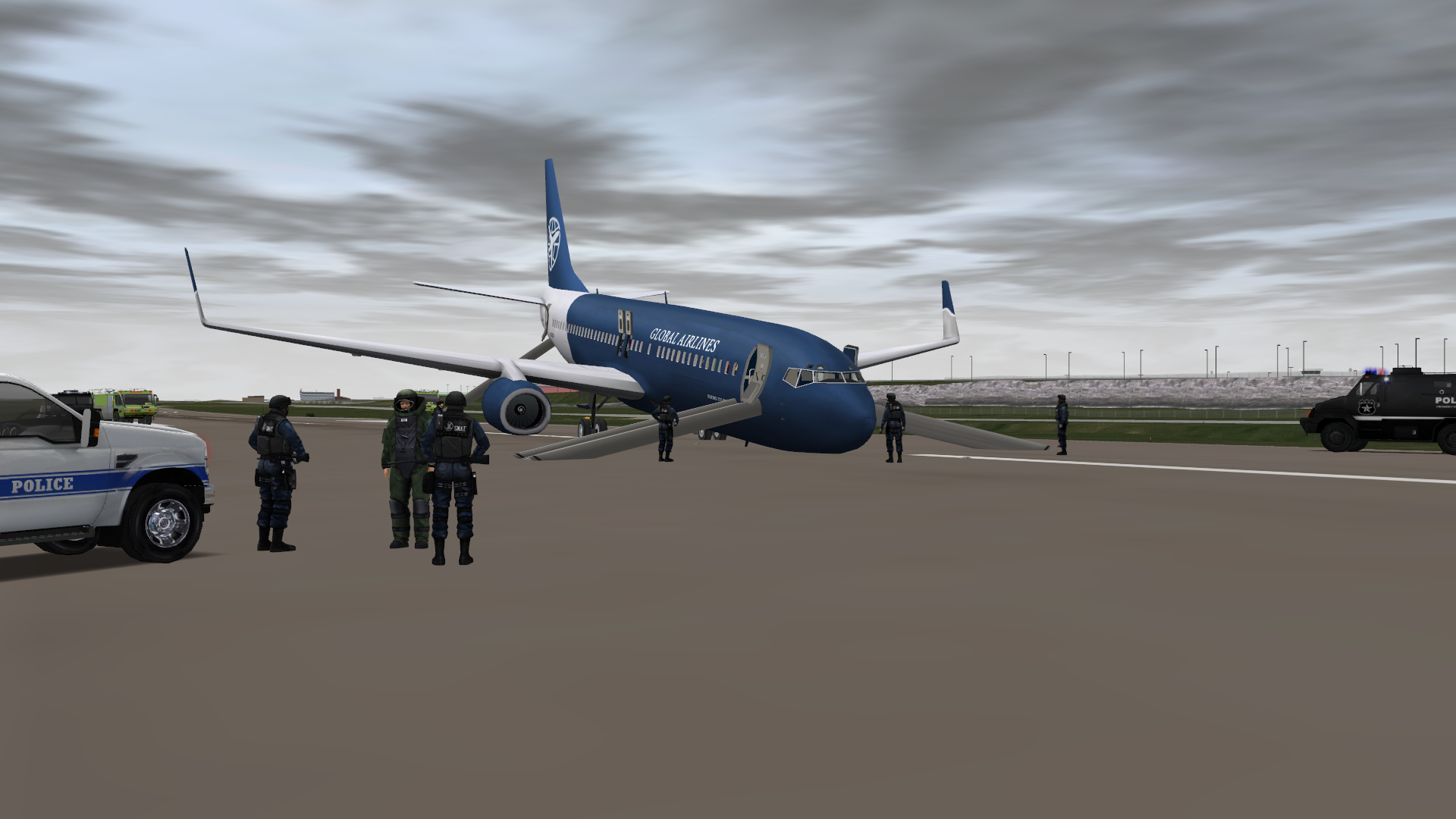 Special forces surrounding a hijacked plane that crash-landed at the airport, creative scenario built with ADMS.  