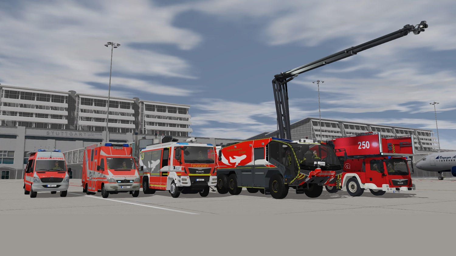 The fleet of Stuttgart Airport Vehicles that are used in ADMS to train familiarization, driving procedures, and ARFF response.
