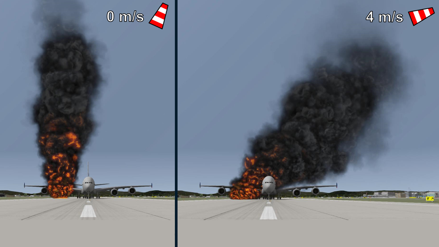 Wind speed and direction changes affecting fire and smoke in the virtual environment calculated by ADMS software.