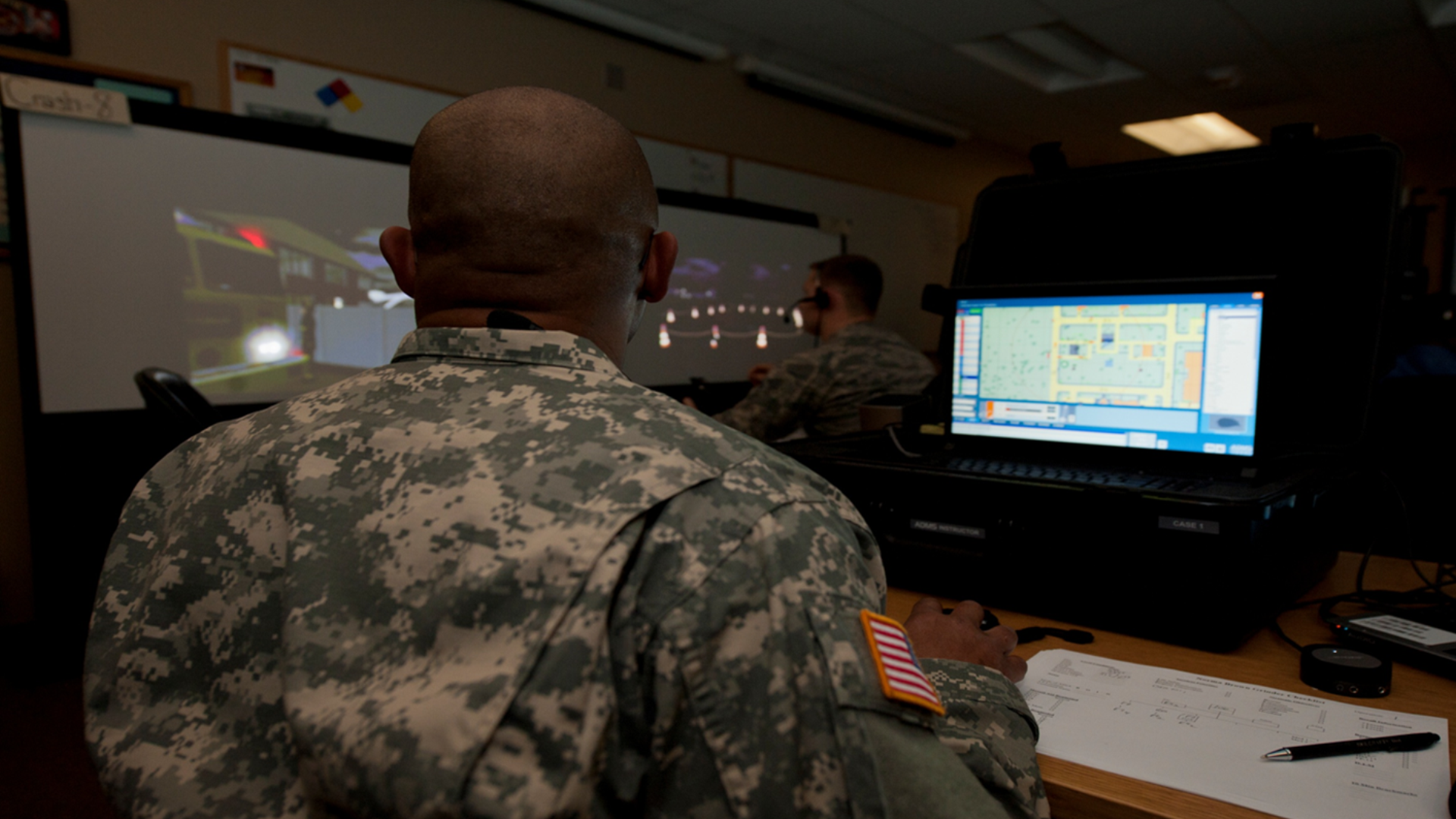 US Military personnel providing incident command training in the Simulated ADMS Airbase Environment.