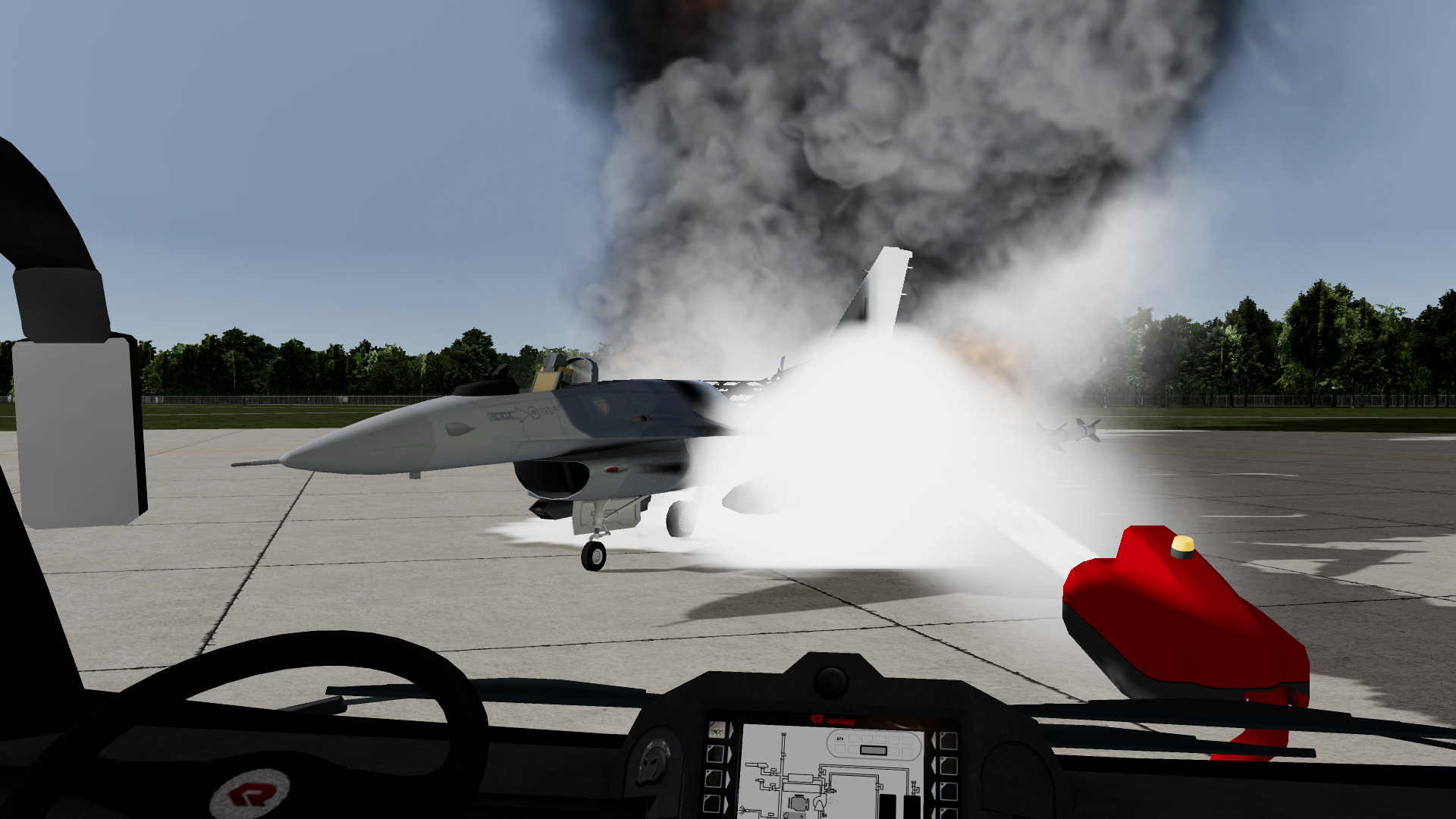 Simulated ARFF Bumper Cannon attack using Foam to extinguish a large F-16 Fire.