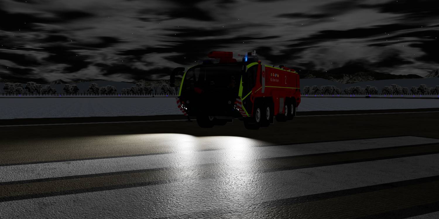 Icy conditions on the runway at night during ARFF Operations training in the simulator.