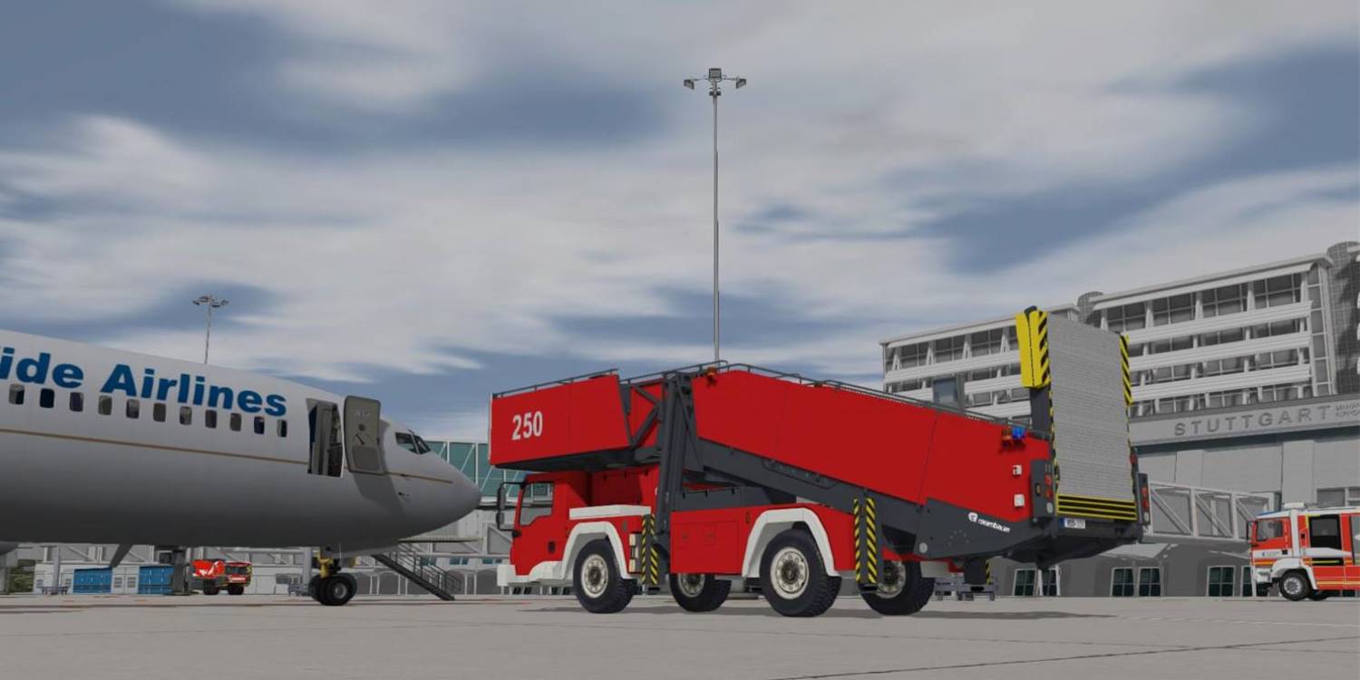 Rosenbauer Rescue Stairs deploying to the side of a 737 for rapid evacuation at Stuttgart Airport in the ARFF Simulator.