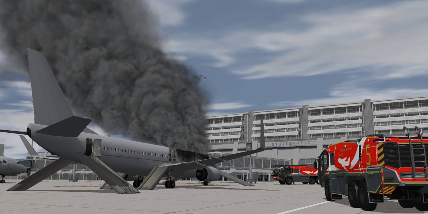 Two Rosenbauer Panther ARFF Trucks responding to an interior aircraft fire at Stuttgart Airport while passengers evacuate.