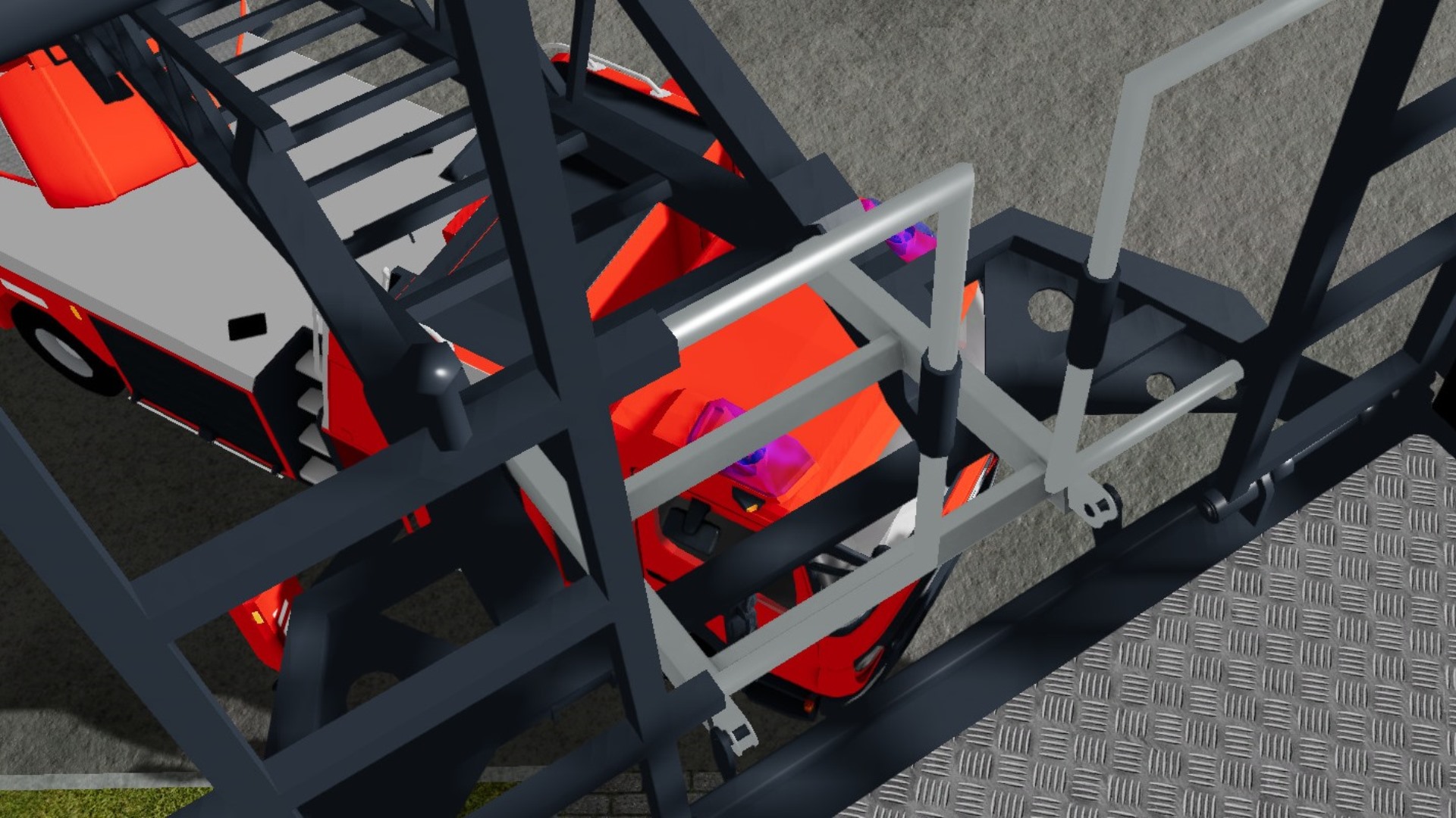 A Trainee's virtual reality view looking down at the aerial ladder truck from the basket.  