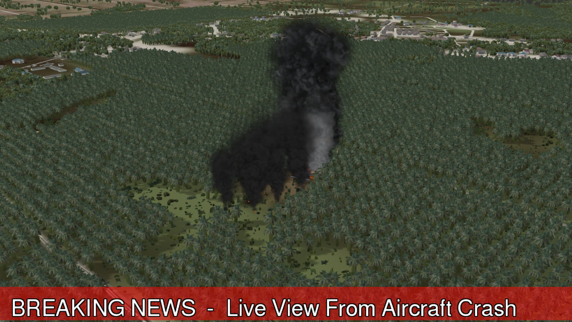 News coverage of aircraft crash in the forest surrounded by fire during a command training exercise using ADMS. 