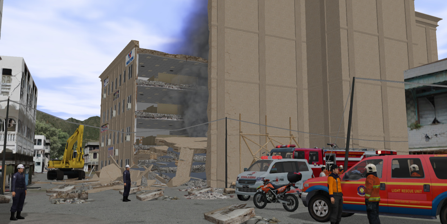 Multi-agency response to an area hit by an earthquake, setting up a search and rescue mission in the simulator.