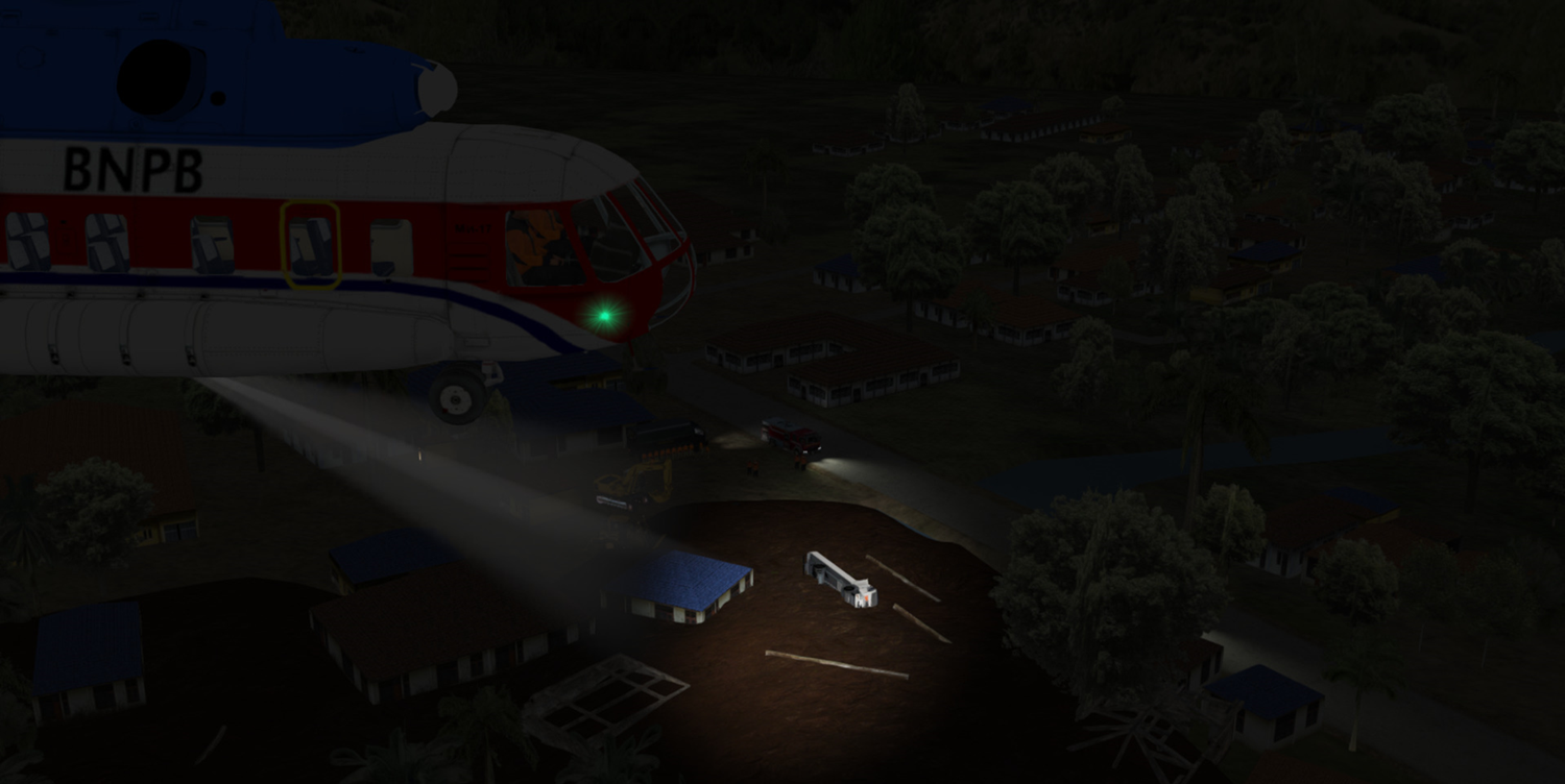 Simulation search and rescue helicopters flying over a landslide area where troops are searching for survivors.