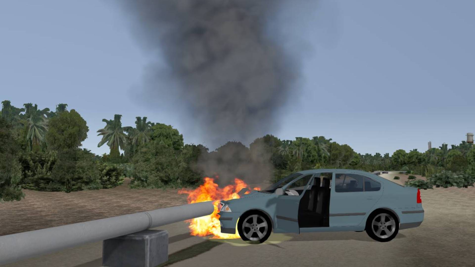 A large fuel pipeline fire and leak after a car crashed into it, scenario built by simulator staff.