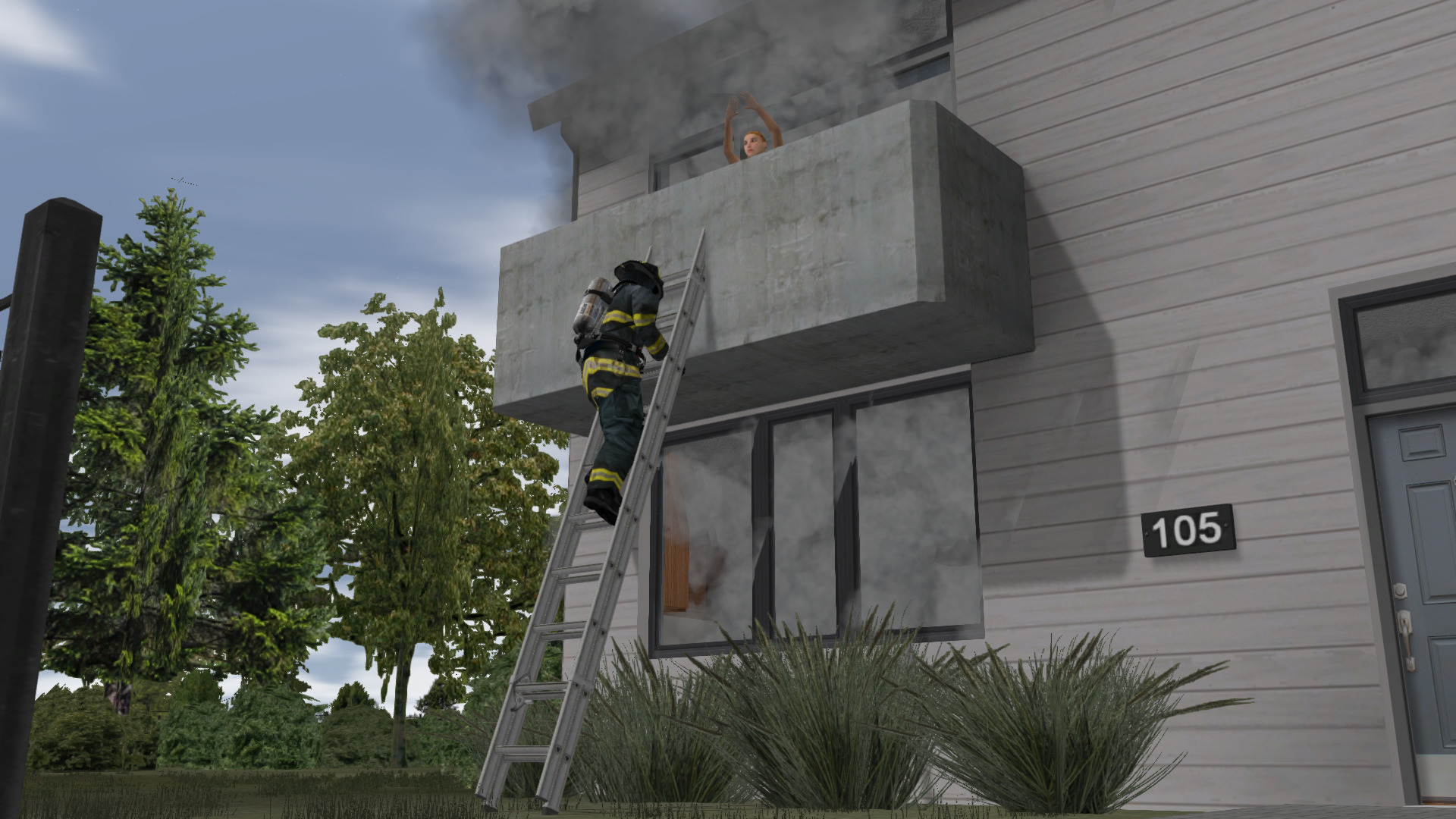 Firefighter climbing up a balcony using a ladder to save a casualty stuck in a burning home