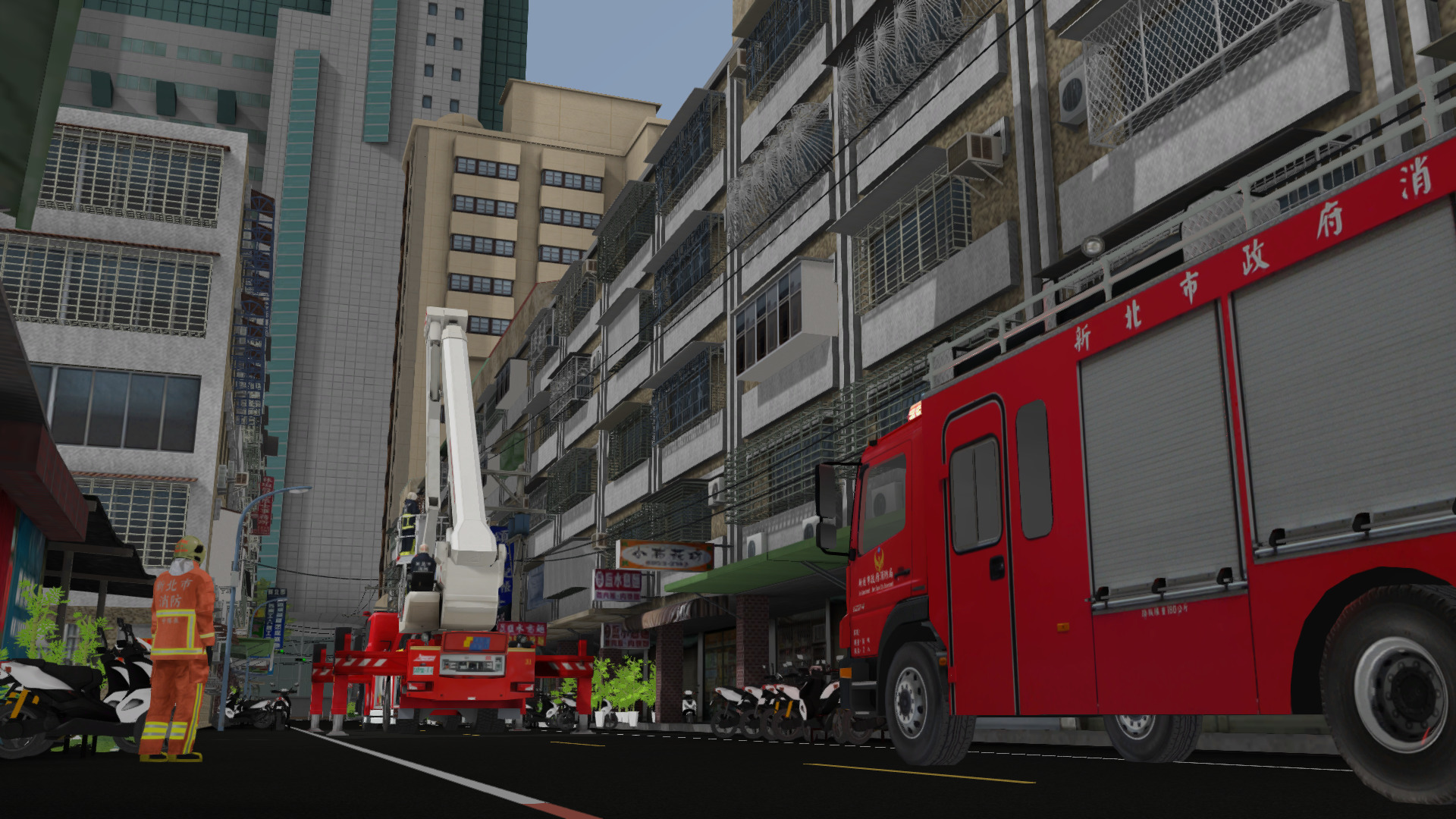 Aerial platform deploying at a residential fire in a geospecific area of New Taipei during simulation training.