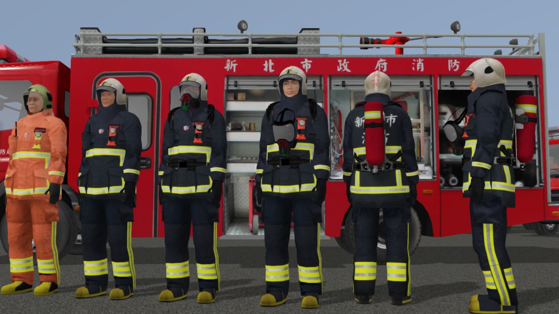 Local Taiwanese fire crew in front of their truck in the simulated ADMS environment to be used for command training.