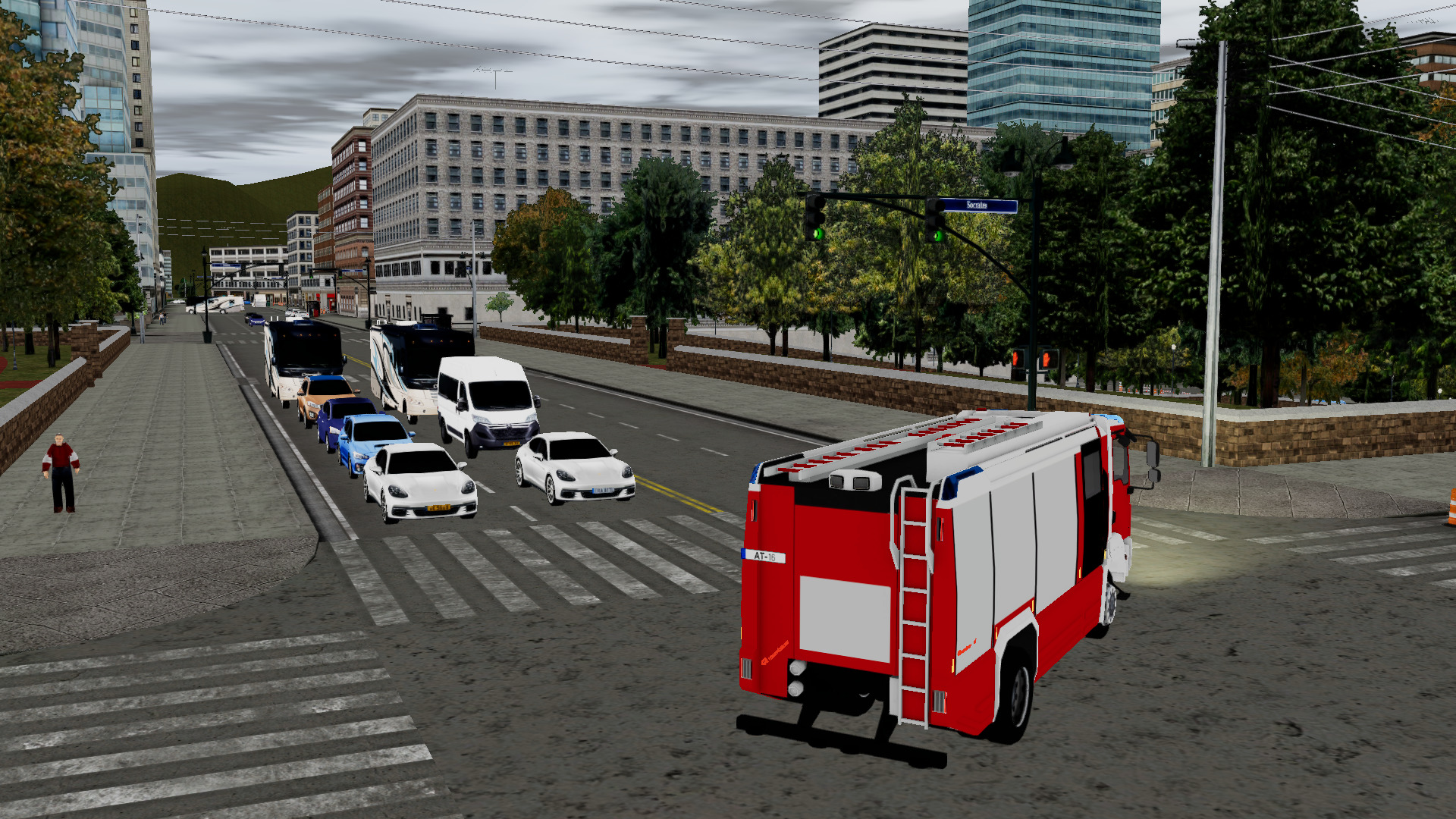 Interactive traffic responding to the fire truck driving safely and swiftly over the crossing towards the incident location.