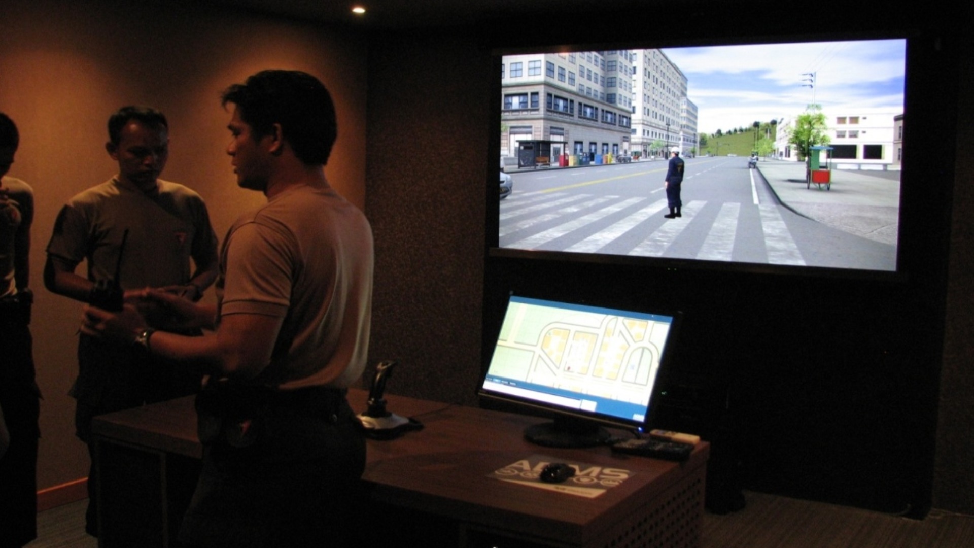 Commander giving orders directly to his emergency service crew during simulation training.