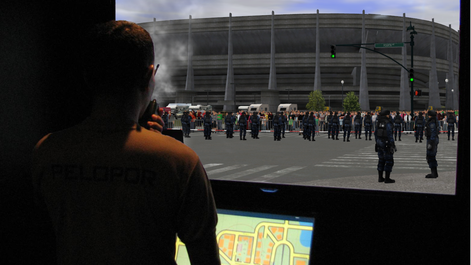 Police Commander responding to a large crowd gathered at a sports stadium in a virtual exercise.
