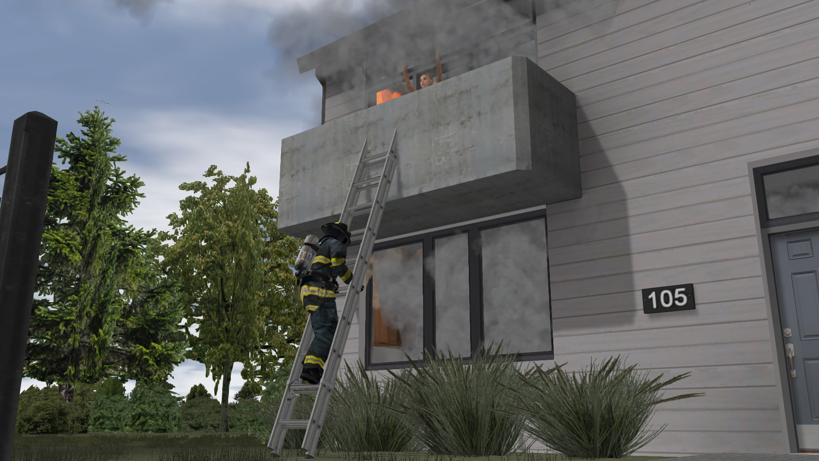Firefighter climbing up a balcony using a ladder to save a casualty stuck in a burning home