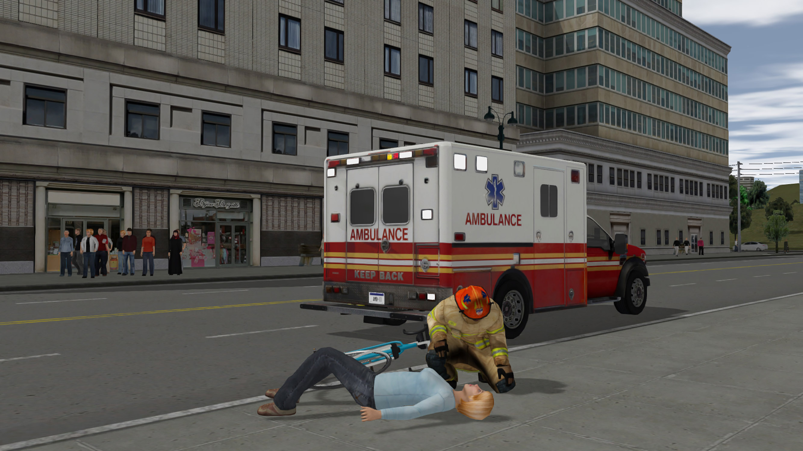 Nurse triaging and treating a casualty that got hit on her bicycle in the city.
