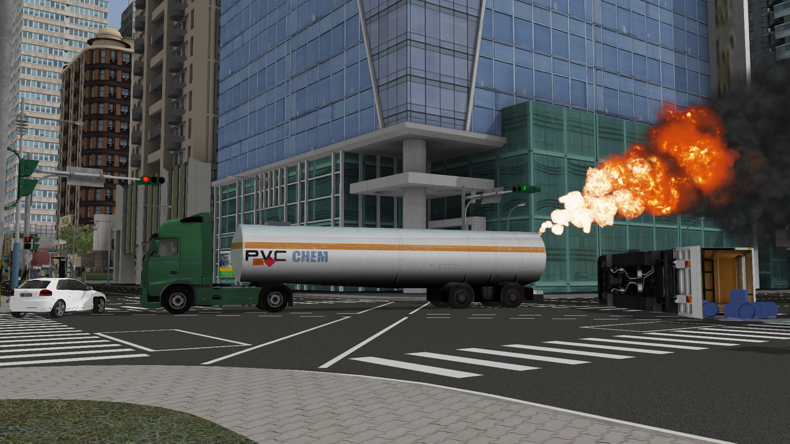 Tanker truck caught fire after a traffic accident with toxic gas actively spreading with the wind changing dynamically.