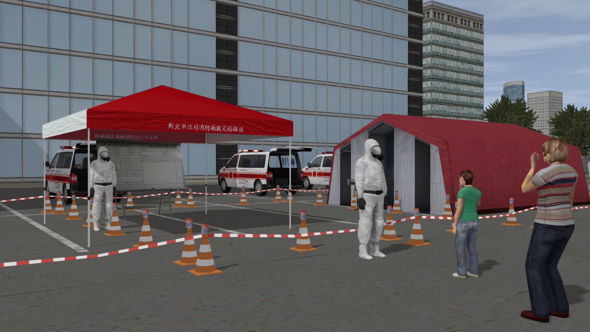 COVID-19 virus testing location, simulated in ADMS to prepare for handling, command, and logistics training.