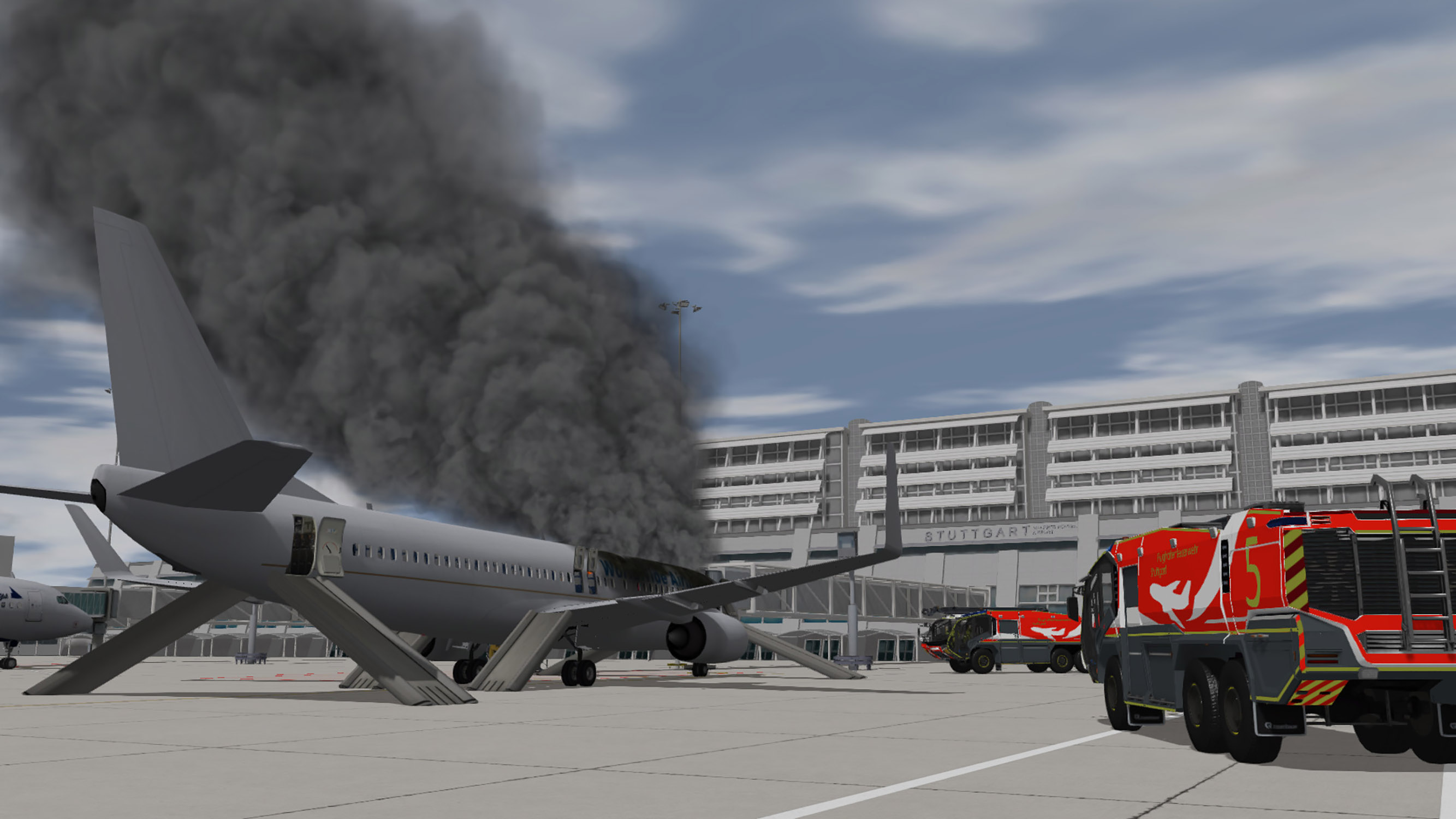 Two Rosenbauer Panther ARFF Trucks responding to an interior aircraft fire at Stuttgart Airport while passengers evacuate.